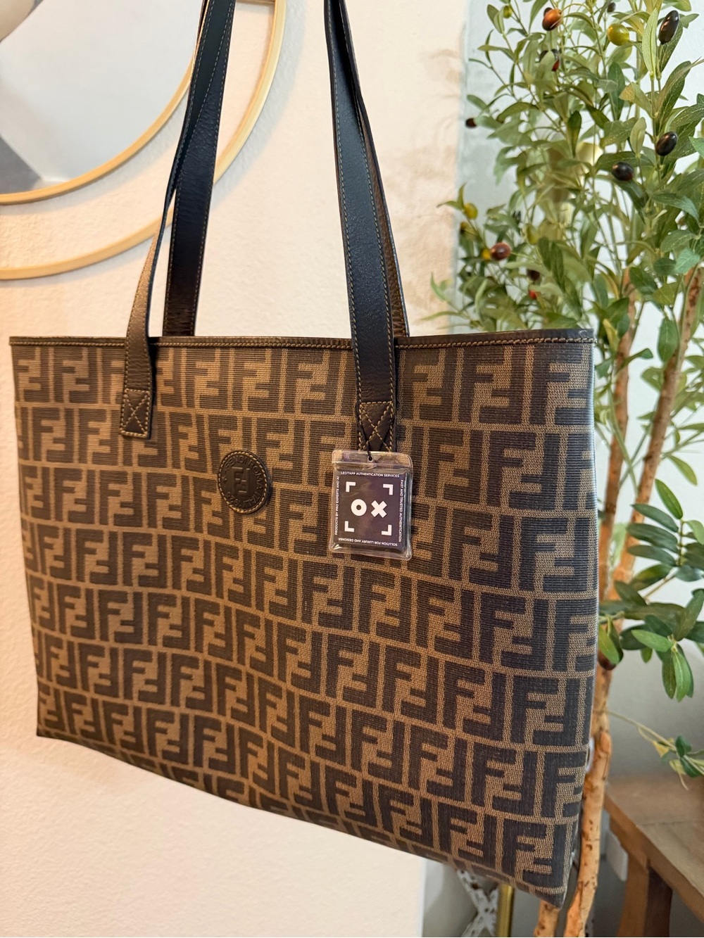 Fendi Brown FF Canvas Tote Bag with Black Leather Straps. Free COA.